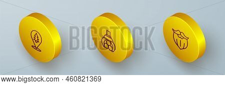 Set Isometric Line Location Of The Forest, Grapple Crane Grabbed Log And Mustache And Beard Icon. Ve