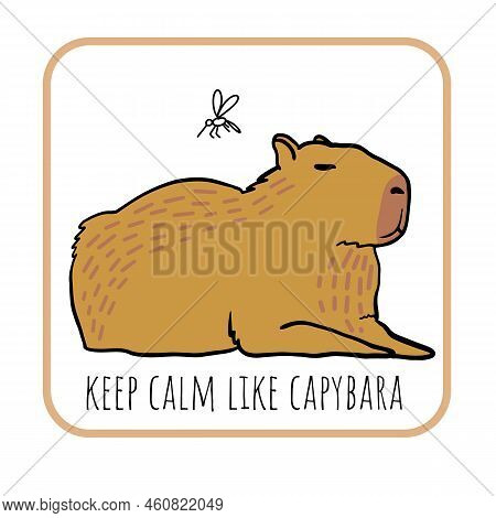 Cute Calm Capybara With Flying Mosquito Hand Drawing Vector