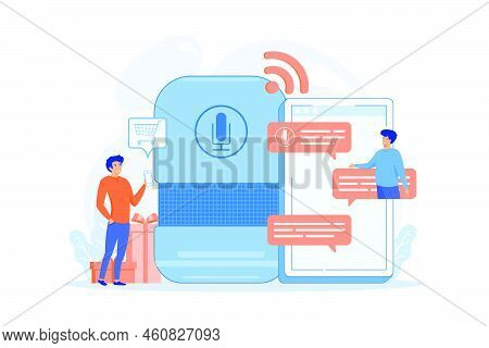 Customer Shopping Online, Ordering Goods And Delivery With Smart Speaker. Voice Activated Digital As