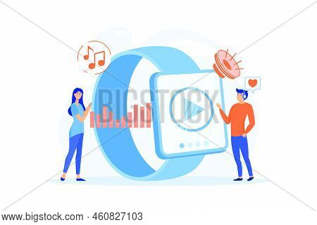 Users Listening And Huge Smartwatch With Player Icon. Smartwatch Player, Smartwatch Media And Portab