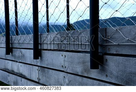 Terrace Fencing, Railings Of Metal Pipes Filled With Steel Cables Cable Mesh. Fencing Wire Stainless