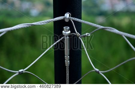Terrace Fencing, Railings Of Metal Pipes Filled With Steel Cables Cable Mesh. Fencing Wire Stainless