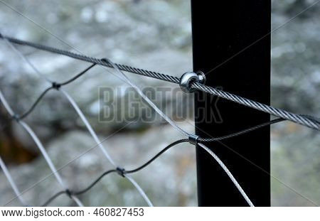 Terrace Fencing, Railings Of Metal Pipes Filled With Steel Cables Cable Mesh. Fencing Wire Stainless