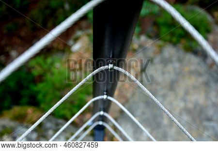 Terrace Fencing, Railings Of Metal Pipes Filled With Steel Cables Cable Mesh. Fencing Wire Stainless
