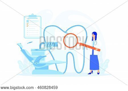 Dentist With Magnifier On Ladder Examining Huge Patient Tooth And Dental Chair. Private Dentistry, D