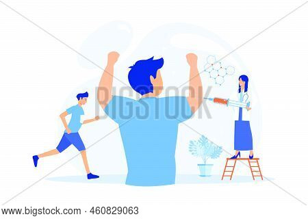 Nurse With Syringe Doing A Doping Injection To Champion Athlete, Tiny People. Doping Test, Performan