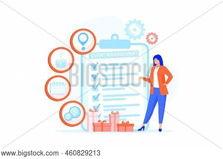 Manager With Checklist Creating Event Plan And Development. Event Management And Planning Service, H
