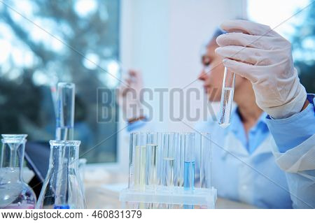 Selective Focus On Test Tube With Reagent In Gloved Hand Of Blurred Woman Scientist Chemist Experime