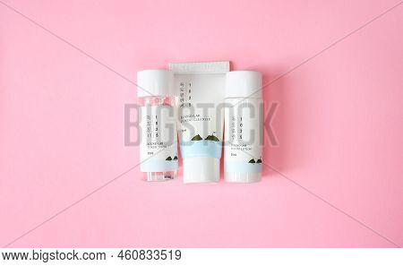 Kyiv, Ukraine - 19 August 2022: Mini Set Of Korean Cosmetics Brand Round Lab Dokdo Tonic, Cleanser A
