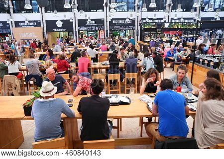 Lisbon, Portugal - June 6, 2018: People Eat At Timeout Market In Lisbon, Portugal. Timeout Market Is