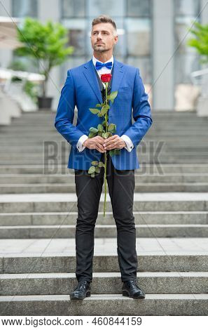 Elegant Man In Tux. Man Wearing Tux Bowtie Pose Outdoor. Handsome Tux Man With Red Rose