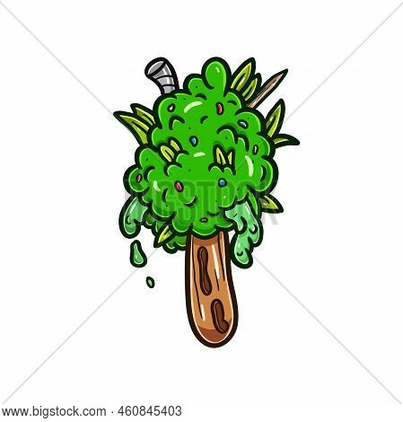 Cartoon Mascot Of Weed Bud Ice Cream With Stick. Vector And Illustration.