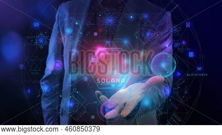 Blockchain And Cryptocurrency Virtual Infographics On A Mans Palm