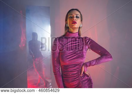 Glamorous Portrait Of A Young Beautiful Blonde In A Stylish Scarlet Short Dress, Stylish Shooting Wi
