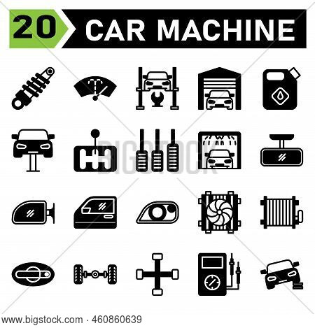 Car Machine Icon Set Include Shock Breaker, Service, Automobile, Car Part, Washer, Wiper, Windscreen