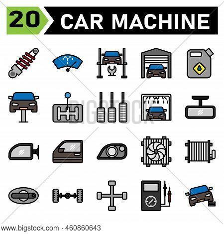 Car Machine Icon Set Include Shock Breaker, Service, Automobile, Car Part, Washer, Wiper, Windscreen