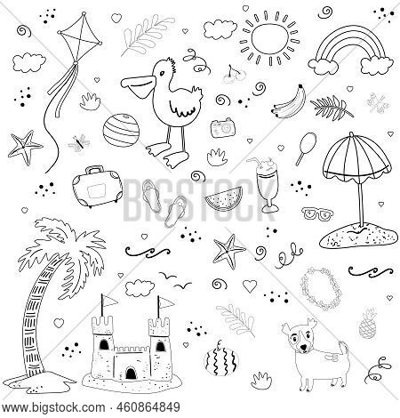 Big Bundle Set With Summer Elements. Activities On The Beach Coloring Illustration