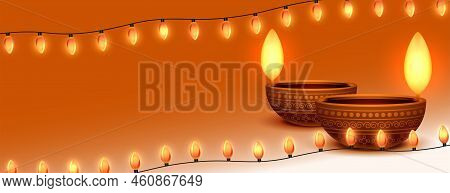 Shubh Deepavali Banner With Bunting Liights And Diya Design Text Space Vector
