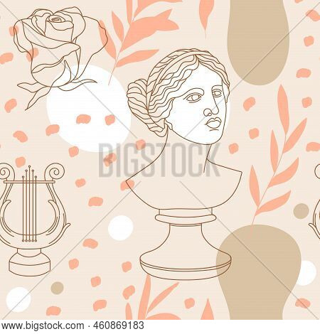 Seamless Pattern With Antique Sculpture Of Aphrodite, Abstract Shape, Lira, Rose And Olive Branch. E