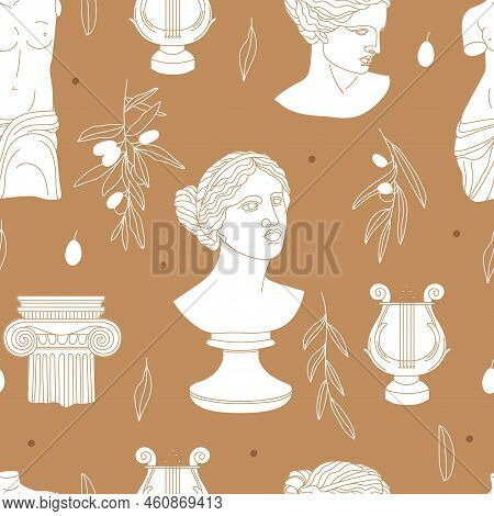 Seamless Pattern With Antique Sculpture Of Aphrodite, Abstract Terracotta Shape, Plants, Sun, Lira A