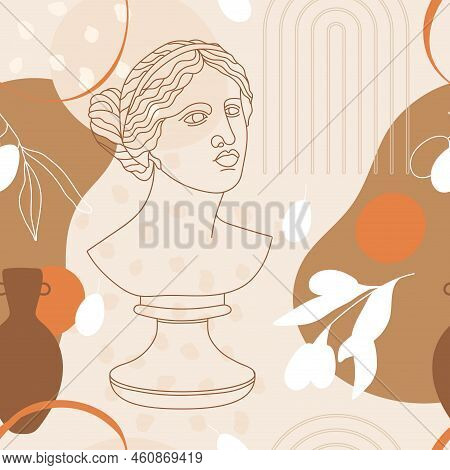Seamless Pattern With Antique Sculpture Of Aphrodite, Abstract Terracotta Shape, Plants, Sun, Lira A