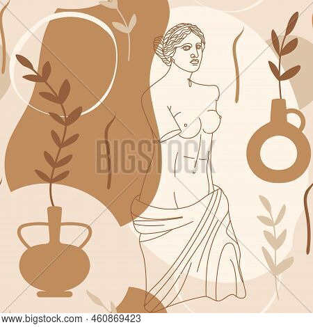 Seamless Pattern With Antique Sculpture Of Aphrodite, Abstract Terracotta Shape, Plants, Sun, Lira A