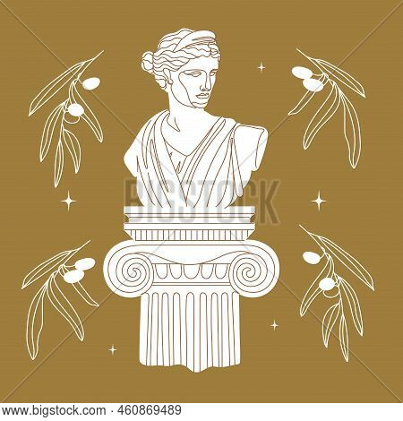 One Line Ancient Greek Goddess Statue With Olive Branches. Aphrodite Or Venus Ancient Classical Stat