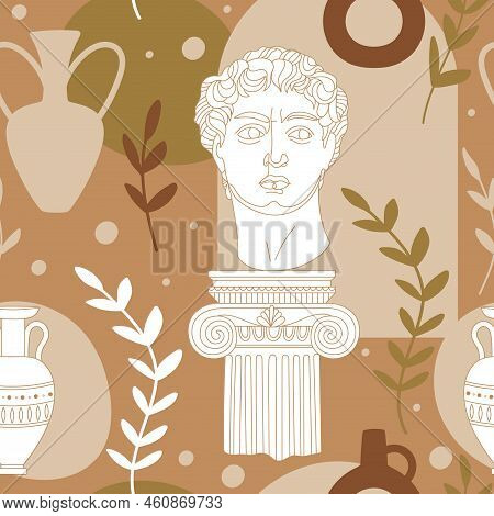 Seamless Pattern With Antique Sculpture Of Michelangelo's David Portrait, Abstract Terracotta Shape,