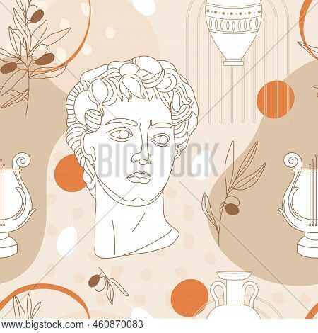 Seamless Pattern With Antique Sculpture Of Michelangelo's David Portrait, Abstract Terracotta Shape,