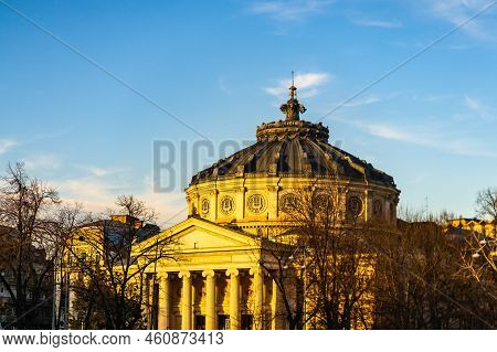 Detail View Over The Romanian Athenaeum Or Ateneul Roman, In The Center Of Bucharest Capital Of Roma