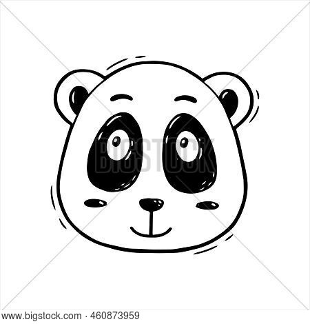 Happy Face Of Cute Panda On A White Background. Chinese Lettle Bear. Hand Drawn Childish Doodle Illu