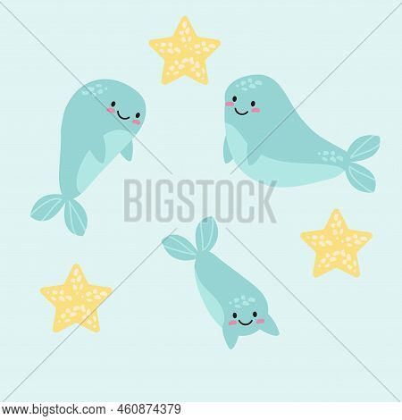 Cute Smiling Dolphins, Whales, Narwhals Set. Collection Of Marine Animals And Cetacean With Fins Und