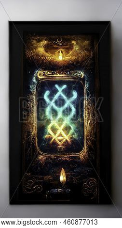 Neon Tarot Card Design. Poker Back Design. Greeting Card With Magic Light. Board Game Cards. Concept