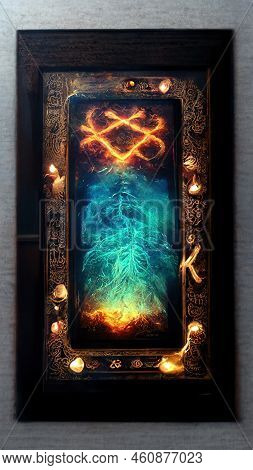 Neon Tarot Card Design. Poker Back Design. Greeting Card With Magic Light. Board Game Cards. Concept