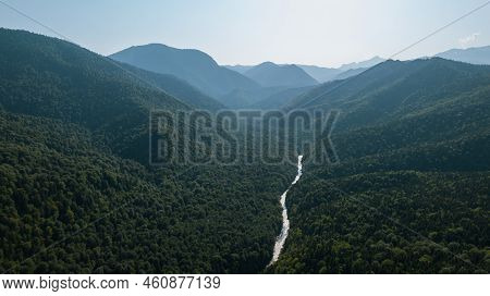 Aerial Mountain Landscape And River Natural Scenery In Russia, Adygea, Guzeripl, Plateau Lago-naki.