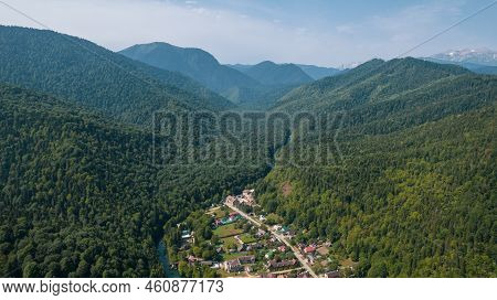 Aerial Mountain Landscape And River Natural Scenery In Russia, Adygea, Guzeripl, Plateau Lago-naki.