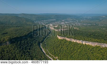 Aerial Mountain Landscape And River Natural Scenery In Russia, Adygea, Guzeripl, Plateau Lago-naki.