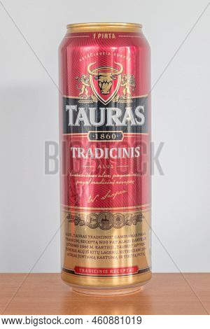 Pruszcz Gdanski, Poland - June 22, 2022: Can Of Lithuanian Tauras Tradicinis Alus Beer.