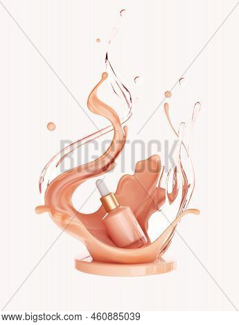 Moisturizing Bottle. Liquid Makeup Foundation Bottle With Cosmetic Cream Splash. Cosmetic Product Te