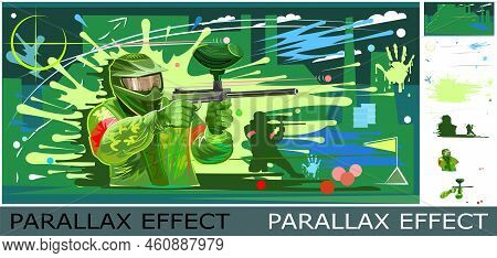 Paintball Player In Mask. Team Battle. Image From Layers For Overlay With Parallax Effect. Ball Pain