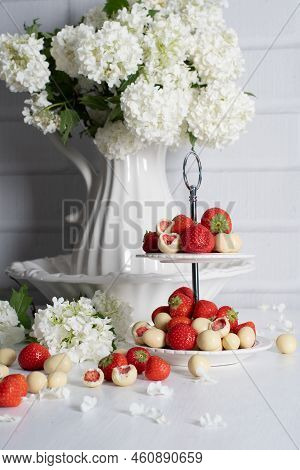 White Chocolate Covered Strawberries, Fresh Strawberries And White Floweers