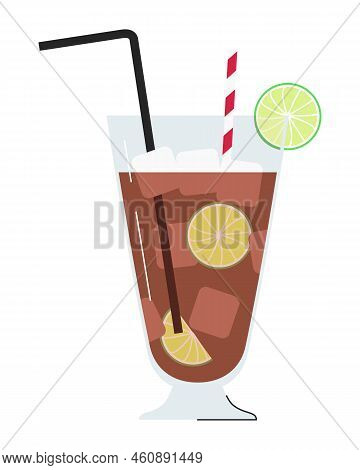 Long Island Iced Tea Isolated On White. Popular Summer Strong  Alcoholic Cocktail Decorated With Lim