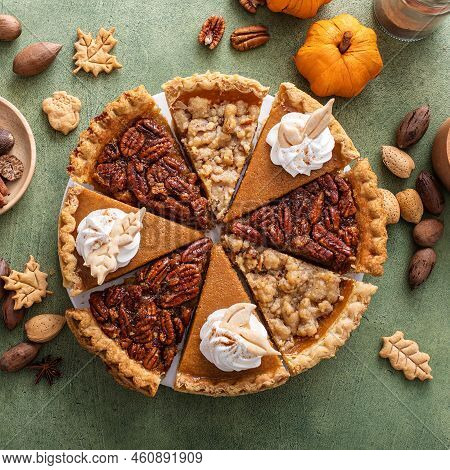 Traditional Fall Thanksgiving Pie Slices, Pumpkin And Pecan Pie