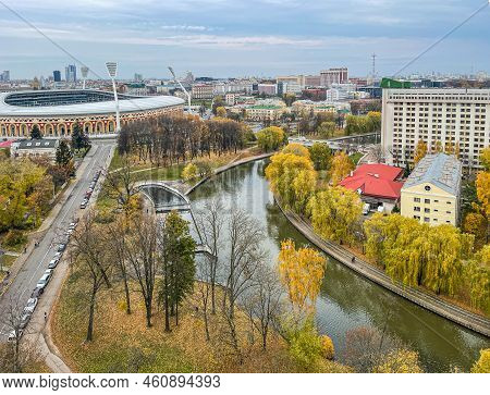View Of Minsk Cityscape In Belarus With Svislach River In Sunny Autumn Day