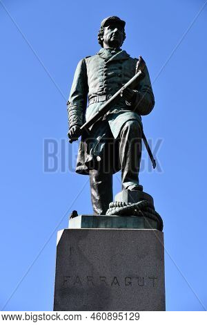 Washington, Dc - Apr 3: Admiral David G Farragut Statue At Farragut Square In Washington Dc, As Seen