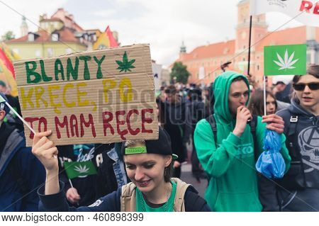 05.28.2022 Warsaw, Poland. Funny Wordplay Of A Young Caucasian Protester Who Created Cardboard Poser
