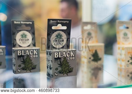 05.28.2022 Warsaw, Poland. Cardboard Packages Containing One Gram Of Dried Cbd Cannabis Buds. Altern