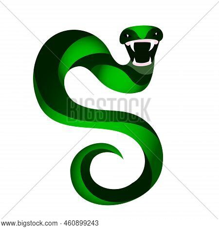 Green Snake With Sharp Fangs Vector Illustration In Flat Cartoon Style Isolated On White Background