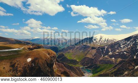 Stunning Scenic Drone Shot Of The Caucaus Mountains Near Gudauri, Georgia. High Quality Photo