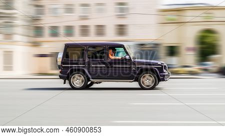 Suv Car Mercedes Benz G Class W463 Model On The Street In Motion. Moscow, Russia - August 2021